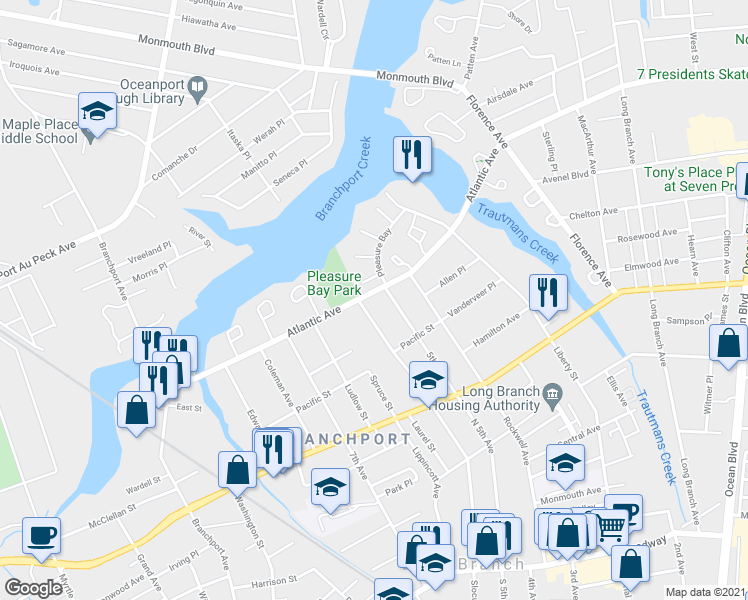 map of restaurants, bars, coffee shops, grocery stores, and more near 256 Sixth Avenue in Long Branch