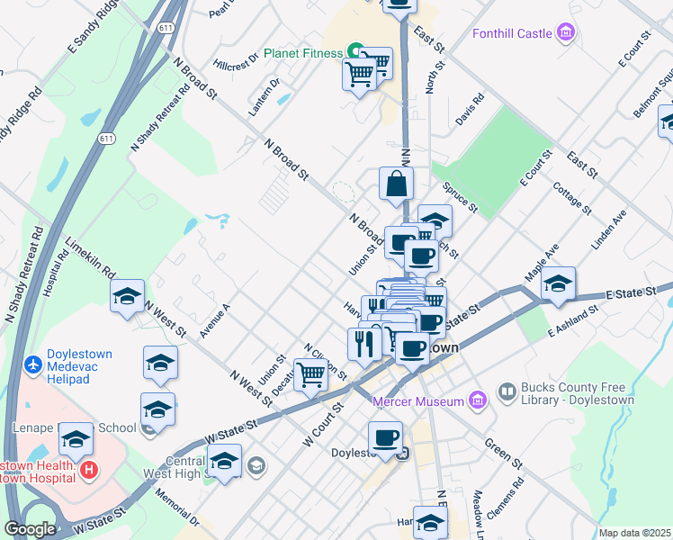 map of restaurants, bars, coffee shops, grocery stores, and more near 220 Shewell Avenue in Doylestown
