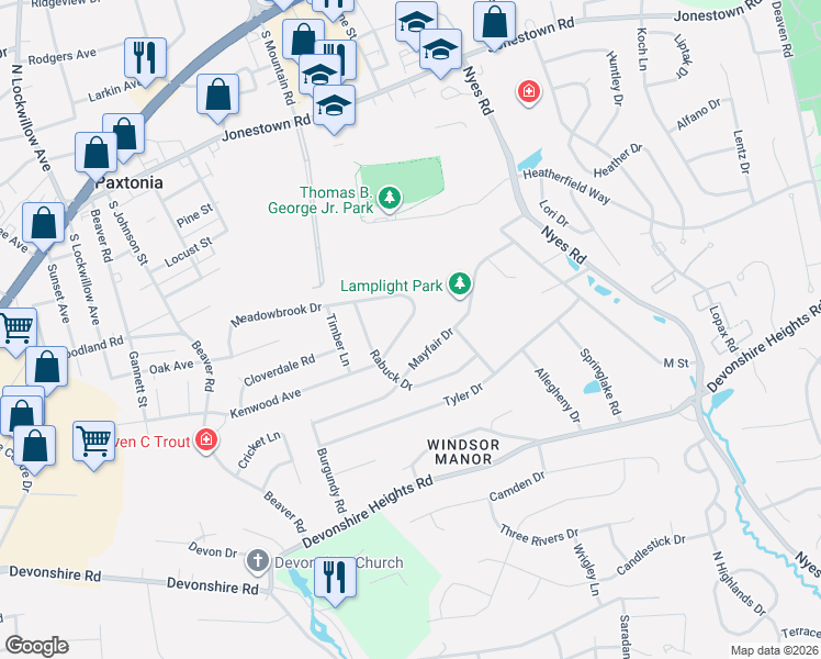 map of restaurants, bars, coffee shops, grocery stores, and more near 5926 Palmer Drive in Harrisburg