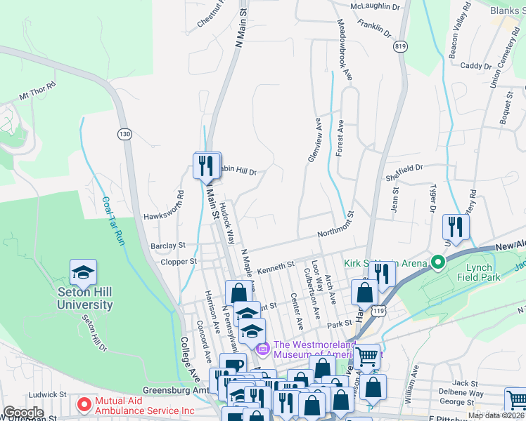 map of restaurants, bars, coffee shops, grocery stores, and more near 7 Rowan Avenue in Greensburg