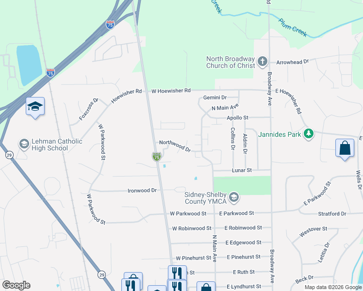 map of restaurants, bars, coffee shops, grocery stores, and more near 2400 Wapakoneta Avenue in Sidney