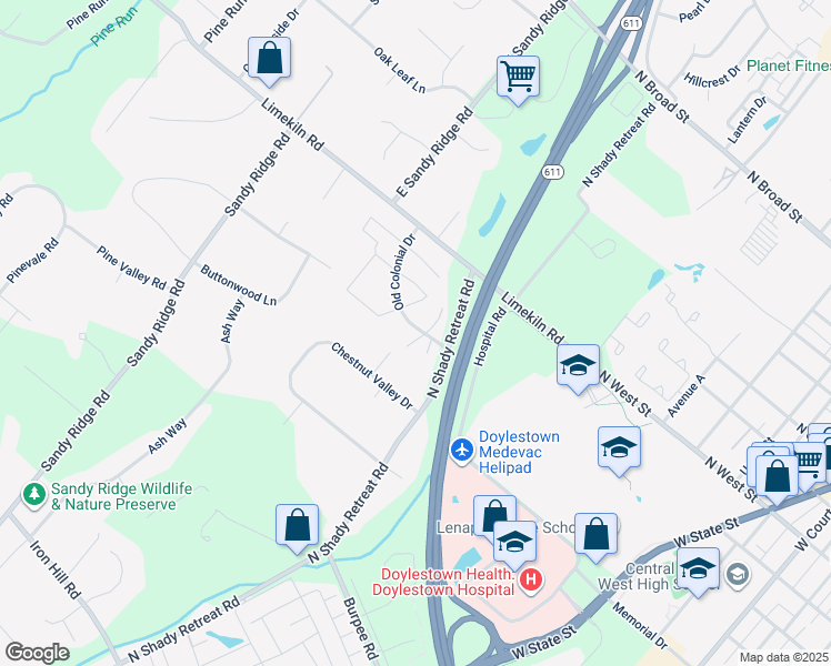 map of restaurants, bars, coffee shops, grocery stores, and more near 2 Washington Square in Doylestown