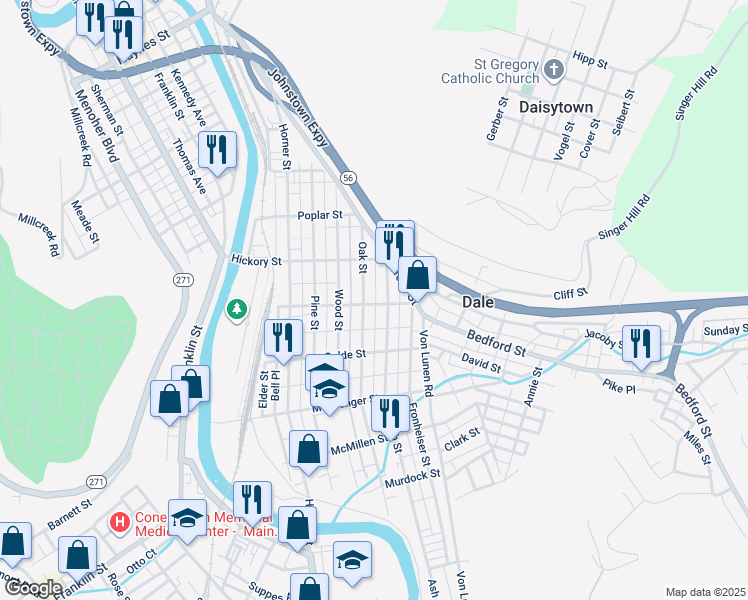 map of restaurants, bars, coffee shops, grocery stores, and more near 409 Cedar Street in Johnstown