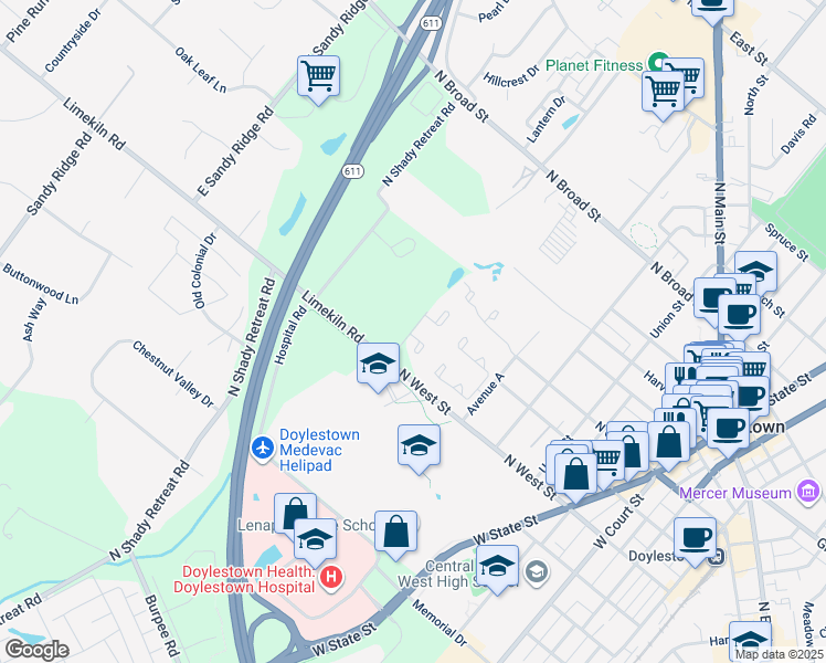 map of restaurants, bars, coffee shops, grocery stores, and more near 409 Henley Court in Doylestown