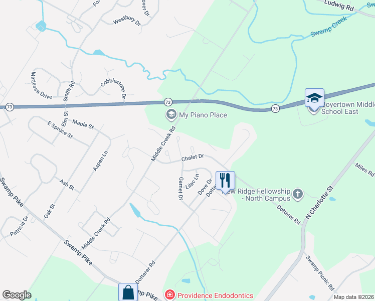map of restaurants, bars, coffee shops, grocery stores, and more near 119 Chalet Drive in Gilbertsville