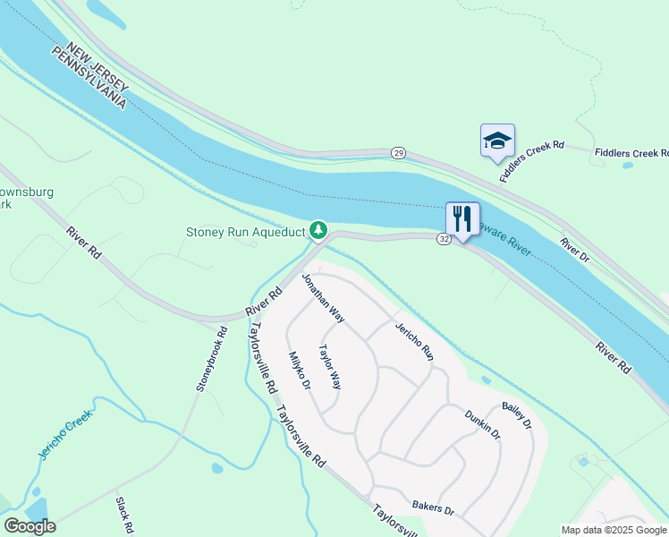 map of restaurants, bars, coffee shops, grocery stores, and more near 34 Jericho Run in Washington Crossing