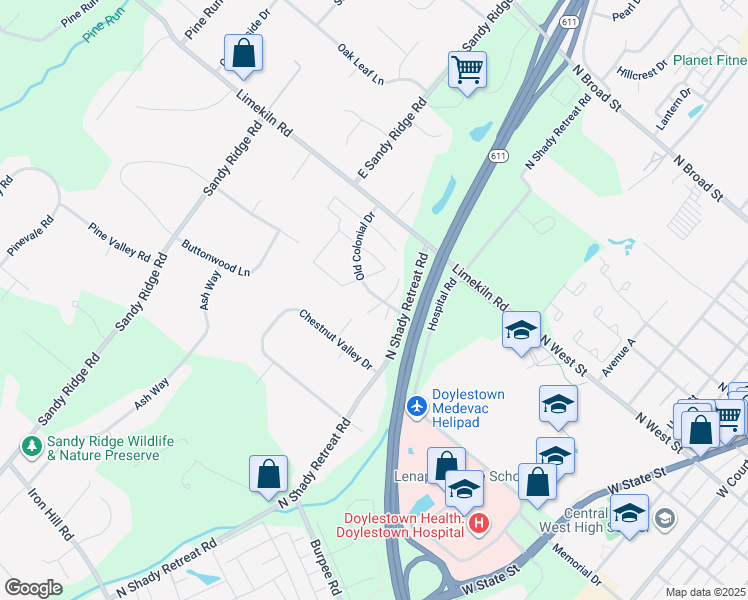 map of restaurants, bars, coffee shops, grocery stores, and more near 2 Washington Square in Doylestown