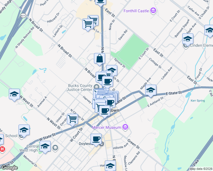 map of restaurants, bars, coffee shops, grocery stores, and more near 120 North Main Street in Doylestown