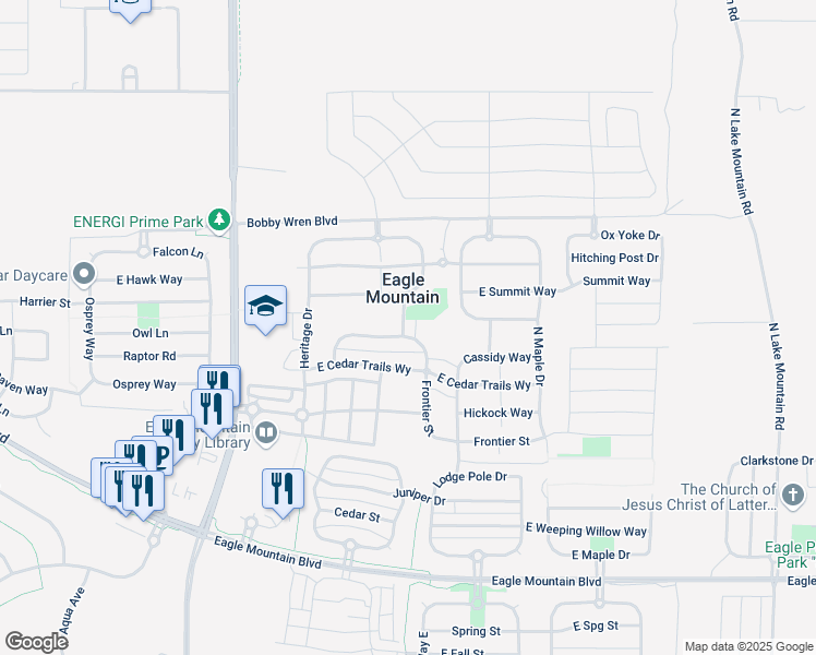 map of restaurants, bars, coffee shops, grocery stores, and more near 4518 Silver Spur Way in Eagle Mountain