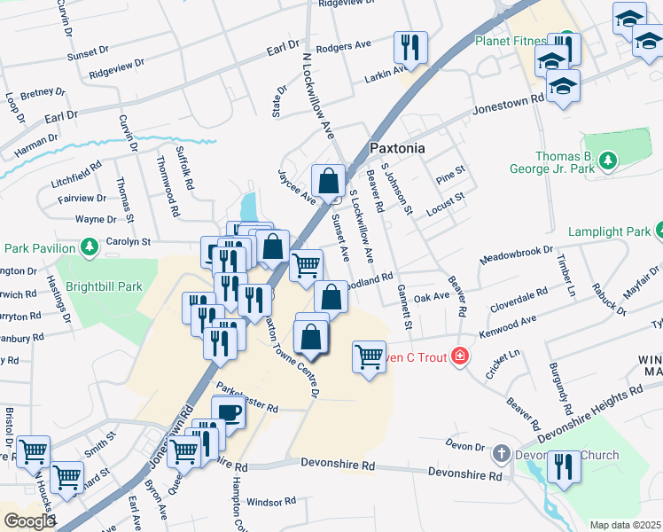 map of restaurants, bars, coffee shops, grocery stores, and more near 127 Atmore Street in Harrisburg