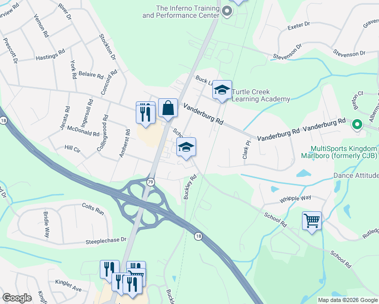 map of restaurants, bars, coffee shops, grocery stores, and more near 22 School Road in Marlboro Township