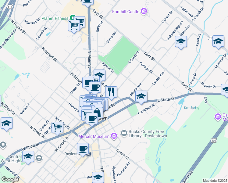 map of restaurants, bars, coffee shops, grocery stores, and more near 46 Church Street in Doylestown