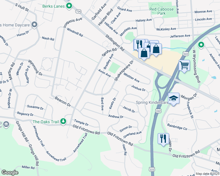 map of restaurants, bars, coffee shops, grocery stores, and more near 216 Shakespeare Drive in Sinking Spring
