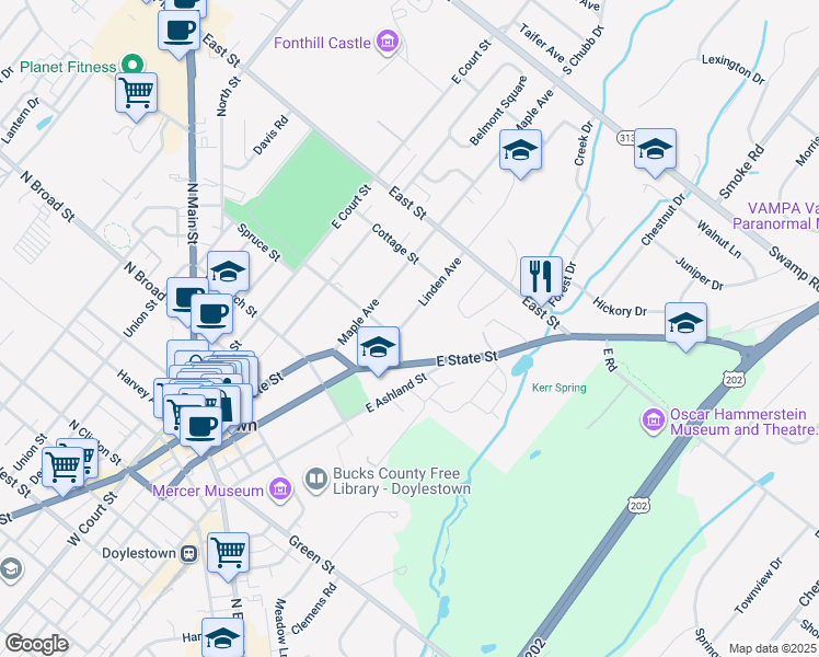 map of restaurants, bars, coffee shops, grocery stores, and more near 1 Spruce Street in Doylestown