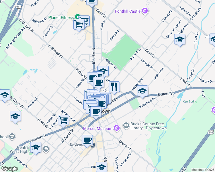 map of restaurants, bars, coffee shops, grocery stores, and more near 91 East Court Street in Doylestown