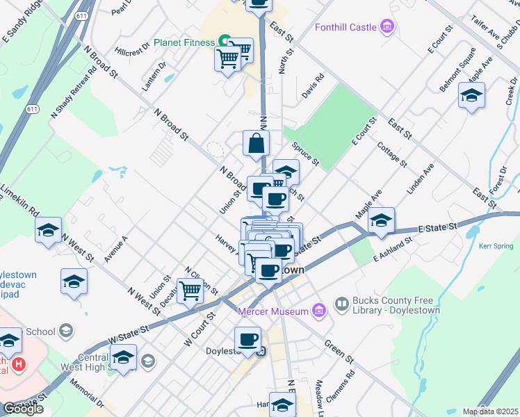 map of restaurants, bars, coffee shops, grocery stores, and more near 182 North Main Street in Doylestown