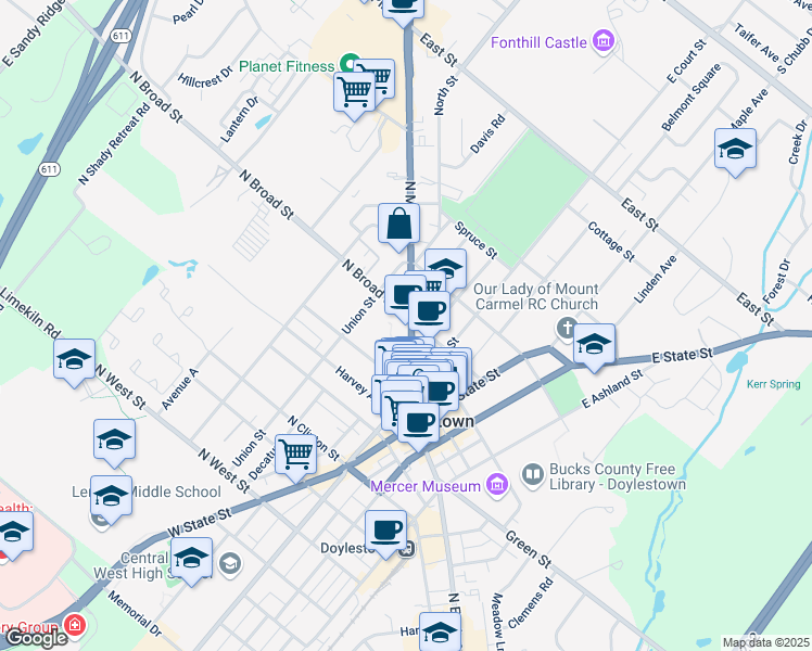 map of restaurants, bars, coffee shops, grocery stores, and more near 132 North Main Street in Doylestown