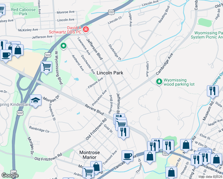 map of restaurants, bars, coffee shops, grocery stores, and more near 212 Harvard Boulevard in Reading