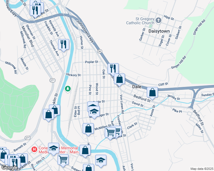 map of restaurants, bars, coffee shops, grocery stores, and more near 409 Cedar Street in Johnstown