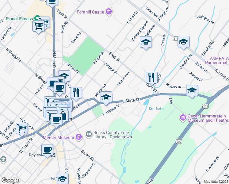 map of restaurants, bars, coffee shops, grocery stores, and more near 1 Spruce Street in Doylestown