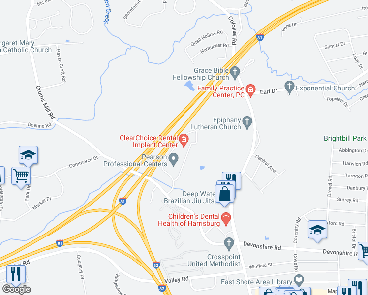 map of restaurants, bars, coffee shops, grocery stores, and more near 4050 Crums Mill Road in Harrisburg