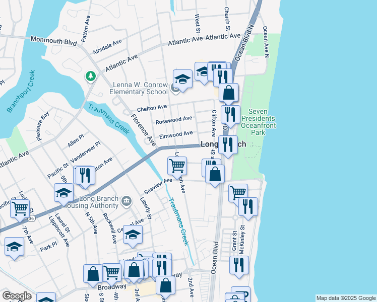 map of restaurants, bars, coffee shops, grocery stores, and more near 138 Sampson Place in Long Branch