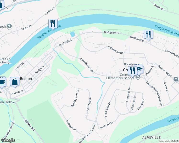 map of restaurants, bars, coffee shops, grocery stores, and more near 2143 Constitution Boulevard in McKeesport