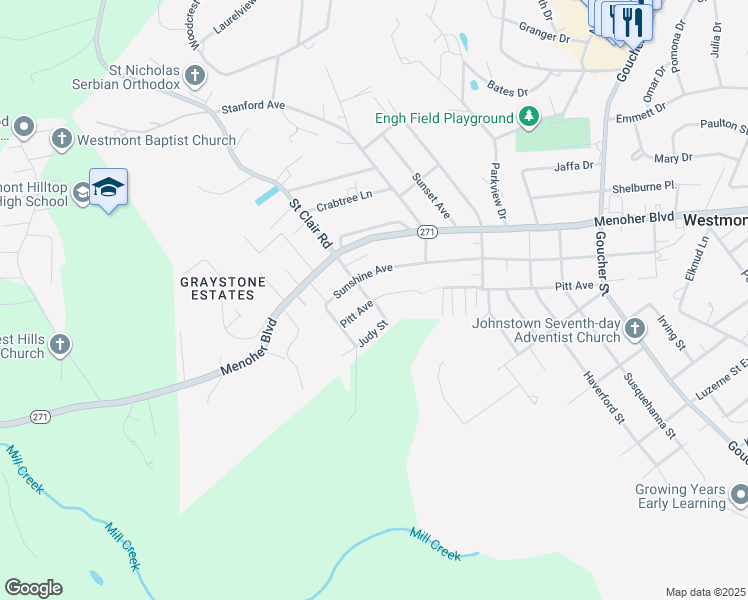map of restaurants, bars, coffee shops, grocery stores, and more near 498 St Clair Rd in Johnstown