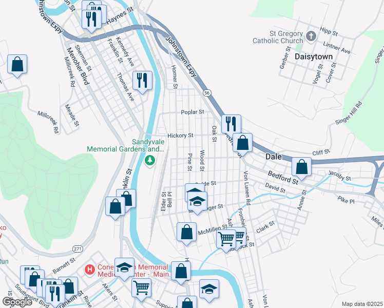 map of restaurants, bars, coffee shops, grocery stores, and more near 433 Pine Street in Johnstown