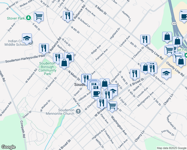 map of restaurants, bars, coffee shops, grocery stores, and more near 128 Central Avenue in Souderton