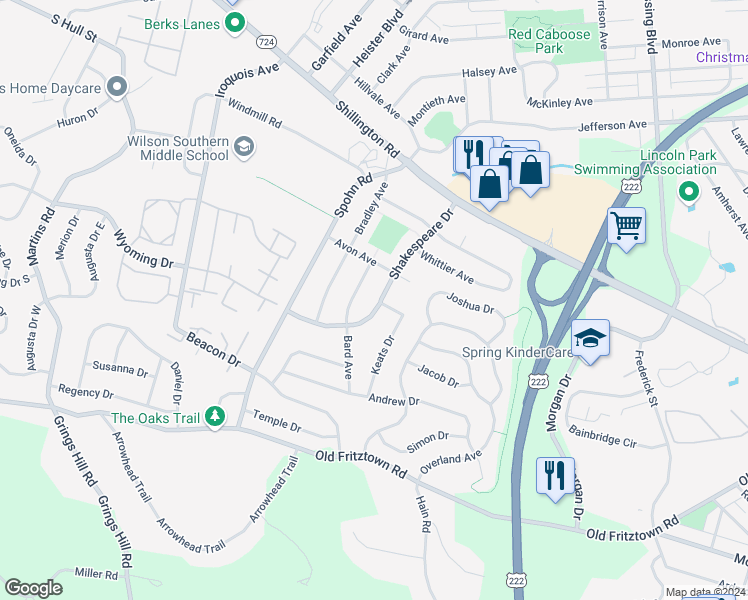 map of restaurants, bars, coffee shops, grocery stores, and more near 216 Shakespeare Drive in Sinking Spring