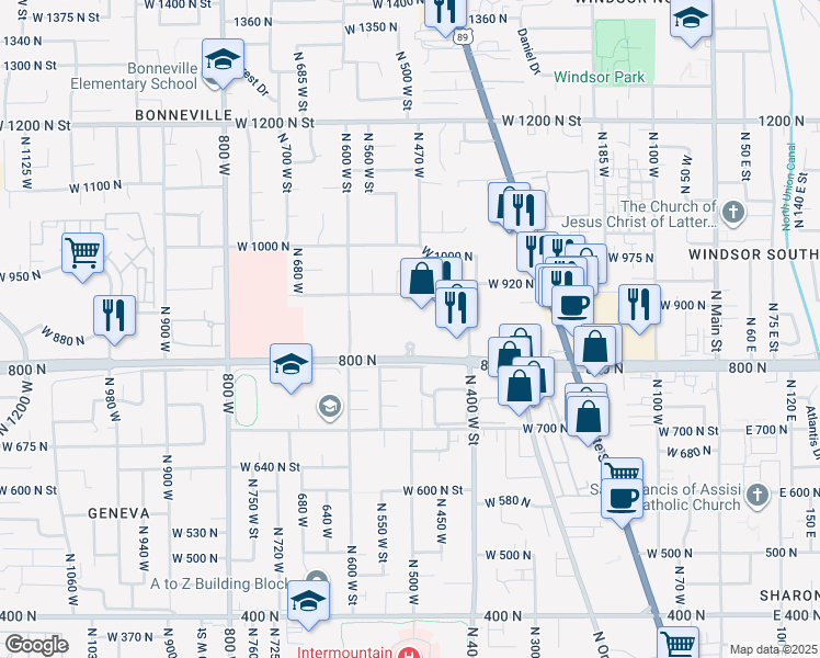 map of restaurants, bars, coffee shops, grocery stores, and more near 552 West 800 North in Orem