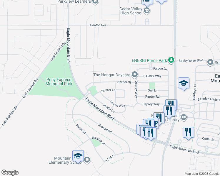 map of restaurants, bars, coffee shops, grocery stores, and more near 1107 Hunter Lane in Eagle Mountain