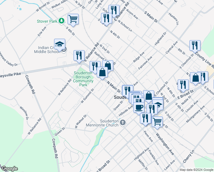 map of restaurants, bars, coffee shops, grocery stores, and more near 11 West Walnut Street in Souderton