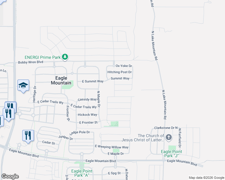 map of restaurants, bars, coffee shops, grocery stores, and more near 4523 North Buckboard Street in Eagle Mountain