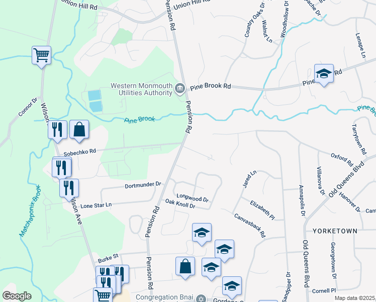 map of restaurants, bars, coffee shops, grocery stores, and more near 21 Pension Hill Road in Manalapan Township