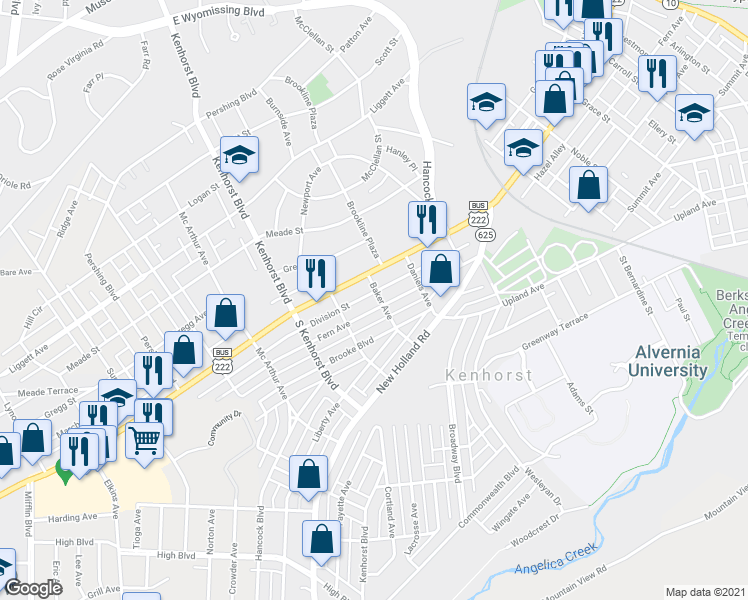 map of restaurants, bars, coffee shops, grocery stores, and more near 1105 Fern Avenue in Reading