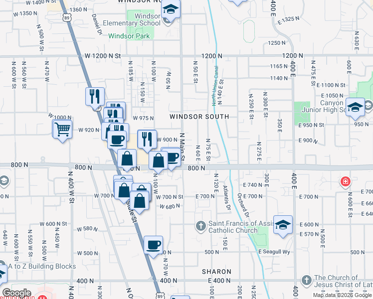 map of restaurants, bars, coffee shops, grocery stores, and more near in Orem