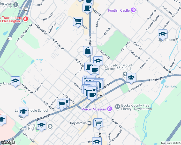map of restaurants, bars, coffee shops, grocery stores, and more near 120 North Main Street in Doylestown