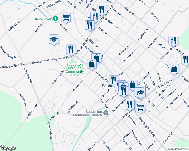 map of restaurants, bars, coffee shops, grocery stores, and more near 33 West Walnut Street in Souderton