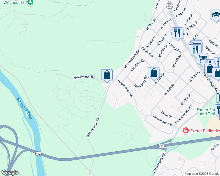 map of restaurants, bars, coffee shops, grocery stores, and more near 17 Emily Court in Reading