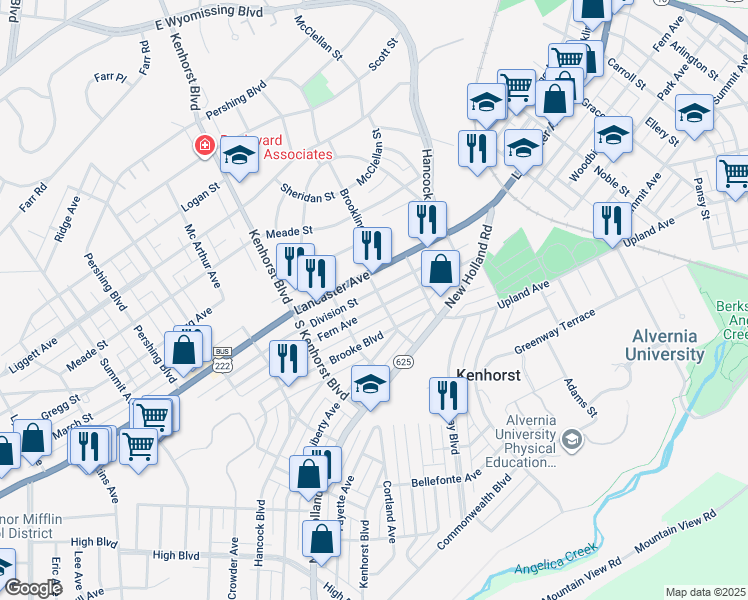 map of restaurants, bars, coffee shops, grocery stores, and more near 1105 Fern Avenue in Reading