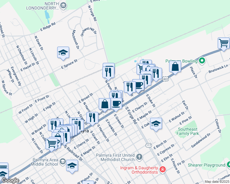 map of restaurants, bars, coffee shops, grocery stores, and more near 620 East Arch Street in Palmyra