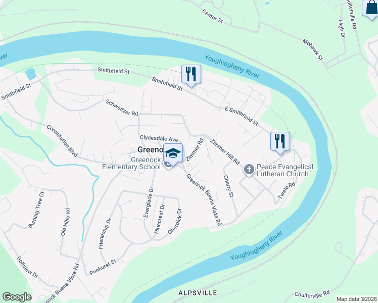 map of restaurants, bars, coffee shops, grocery stores, and more near 1038 Greenock Buena Vista Road in McKeesport