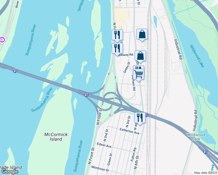 map of restaurants, bars, coffee shops, grocery stores, and more near 3897 North Front Street in Harrisburg