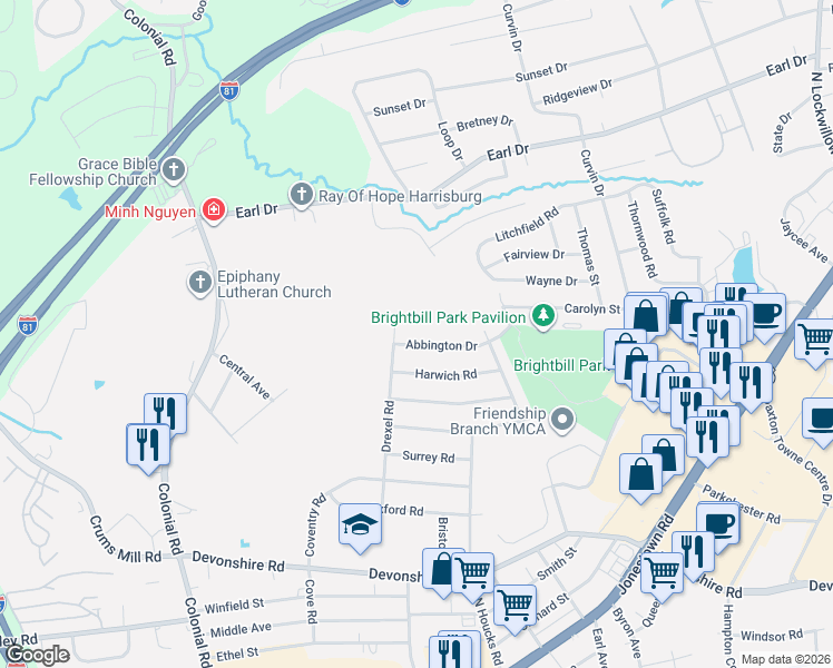 map of restaurants, bars, coffee shops, grocery stores, and more near 4609 Abbington Drive in Harrisburg