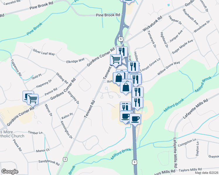 map of restaurants, bars, coffee shops, grocery stores, and more near 237 Paddington Court in Manalapan Township