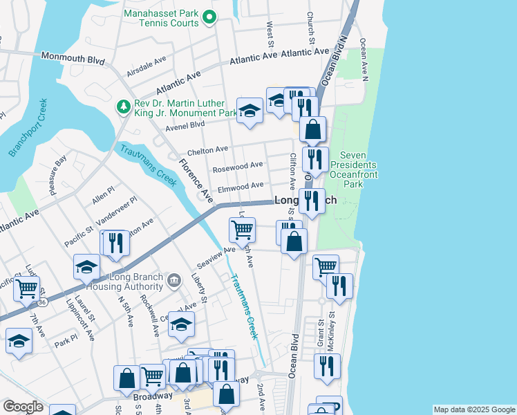 map of restaurants, bars, coffee shops, grocery stores, and more near 138 Sampson Place in Long Branch