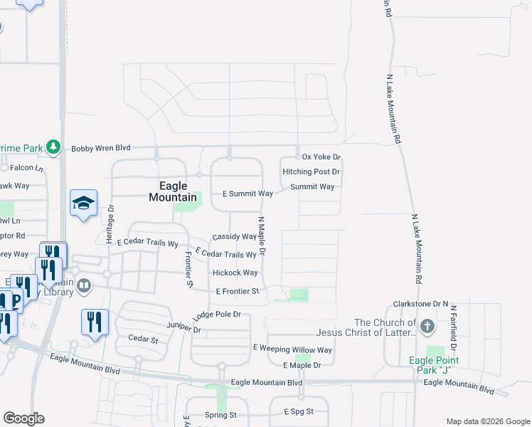 map of restaurants, bars, coffee shops, grocery stores, and more near 4532 North Maple Drive in Eagle Mountain