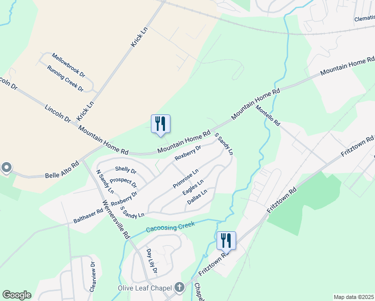 map of restaurants, bars, coffee shops, grocery stores, and more near 19 Roxberry Drive in Sinking Spring